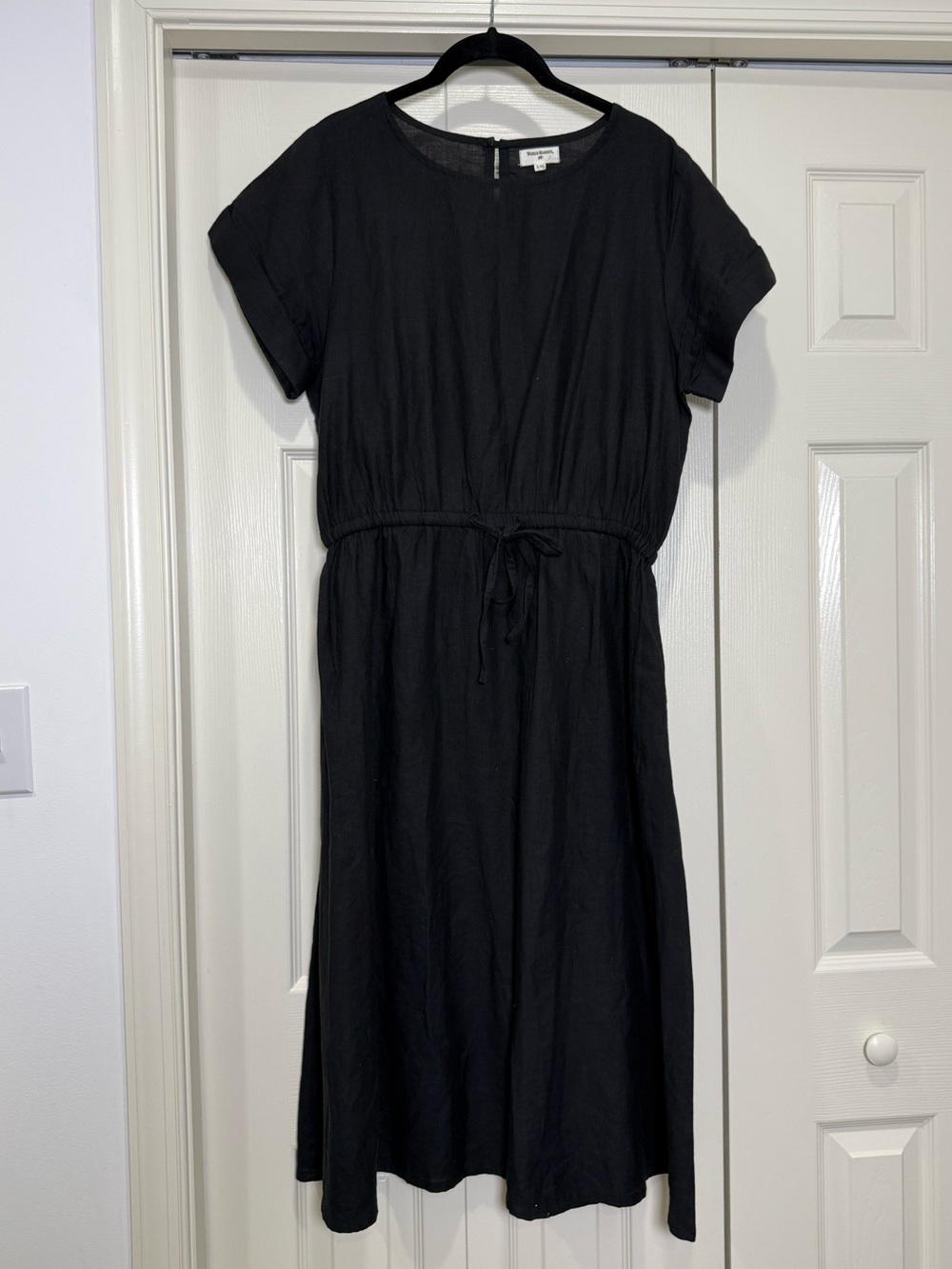 World Market Cotton Linen Black Short Sleeve Drawstring Midi Dress Size S/M